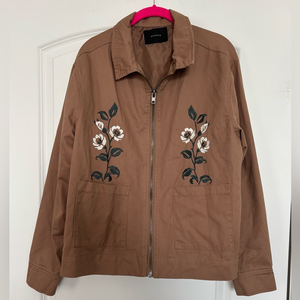 Cotton Embroidered Brown Floral Utility Jacket